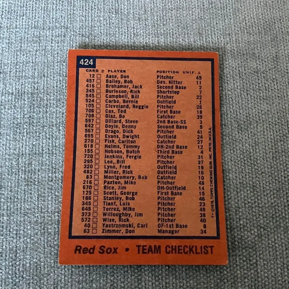 1978 Topps Boston Red Sox Baseball Card Trading Card